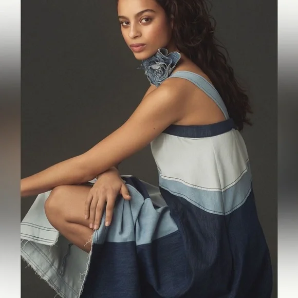 Pilcro by Anthropologie Seamed 100% Cotton Raw Hem Smocked Midi Dress-size small - Picture 2 of 14